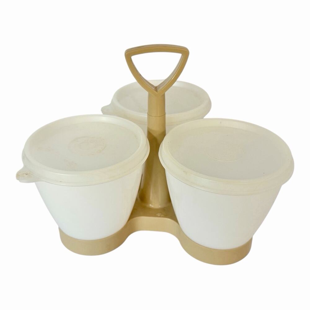 Vintage Tupperware Condiment Serving Caddy Almond 3 Containers Lids 757-2